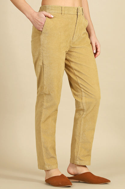 Beige Solid Cotton Blend Straight Trousers &amp; Pants