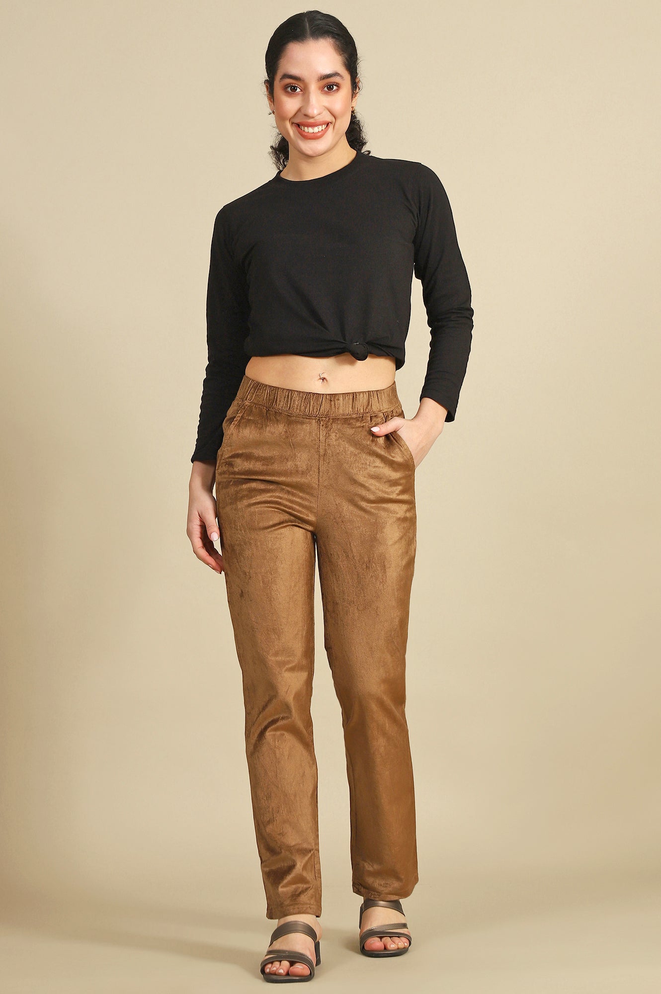 Gold Solid Straight Trousers &amp; Pants