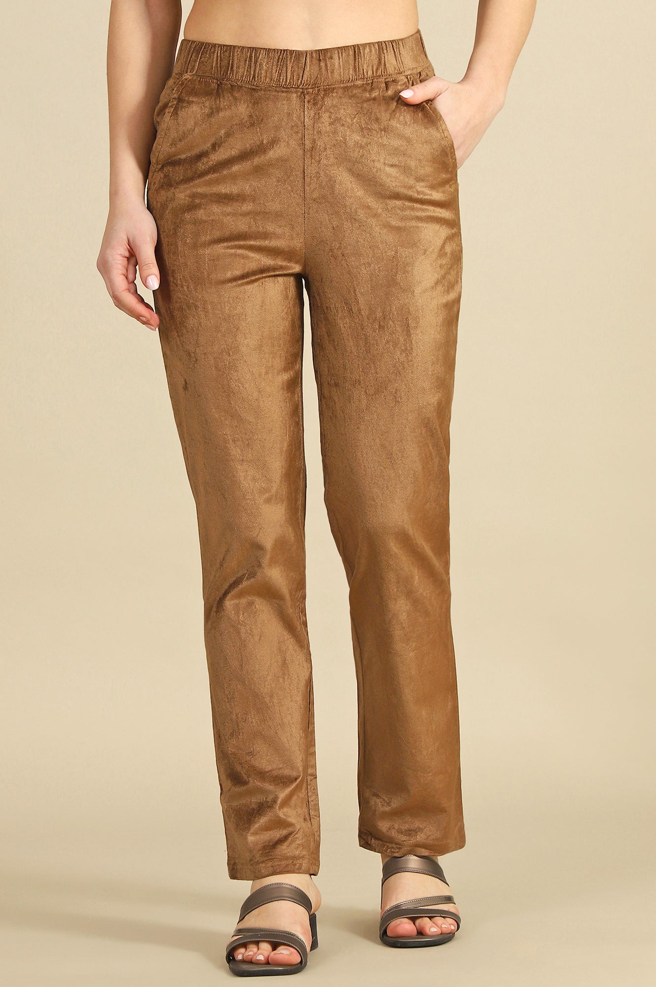 Gold Solid Straight Trousers &amp; Pants