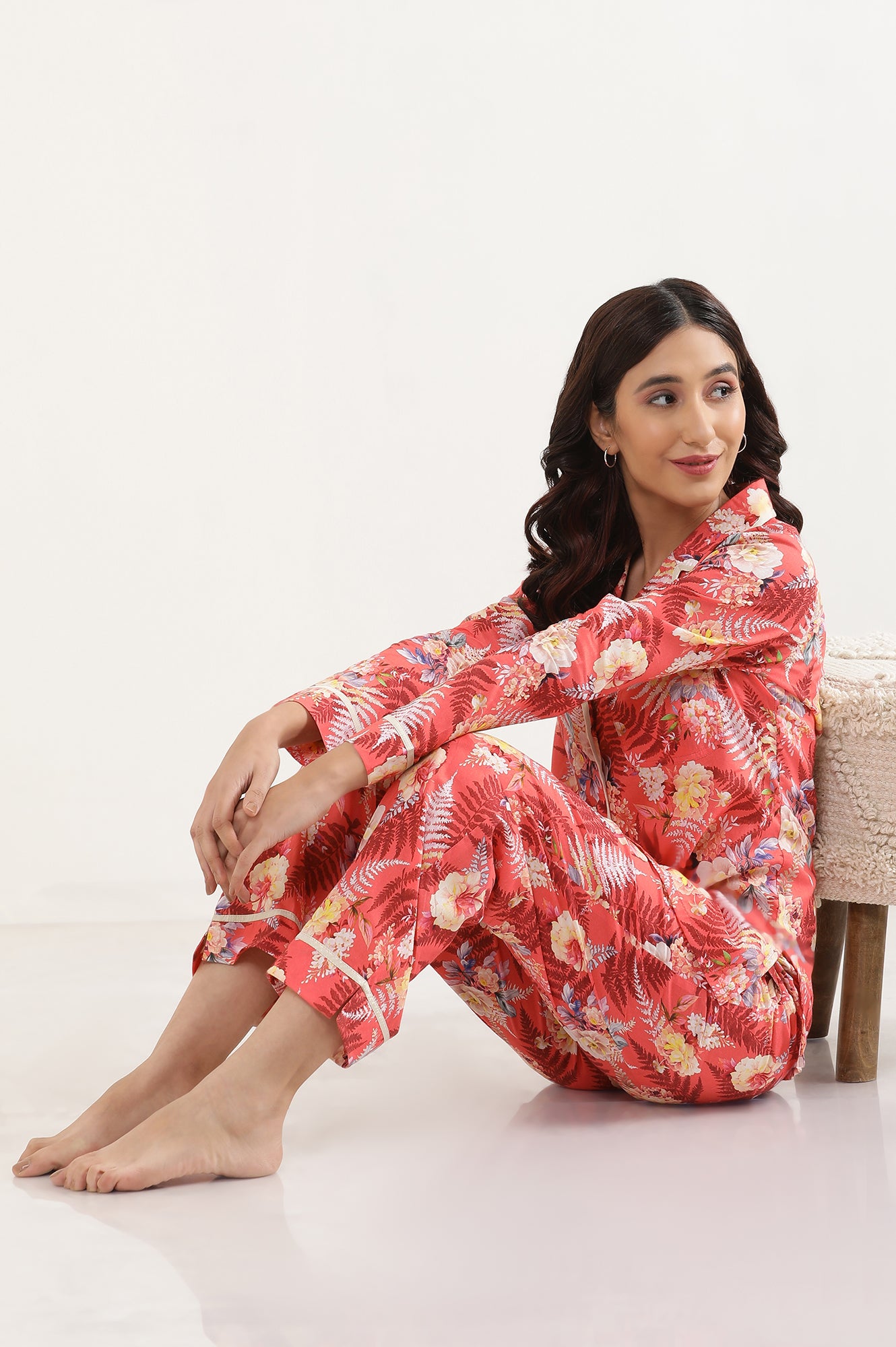 Red Floral Printed Top and Palazzo Lounge Wear Set